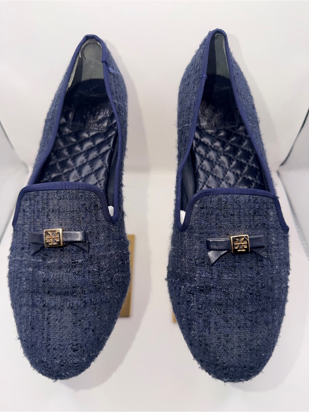 Tory Burch Navy Bouclé Women's Loafers with Gold Logo Accent